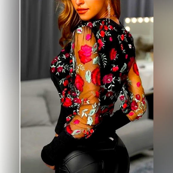 New Pink Floral Embrodiered Organza Sleeved Black Blouse Sz S - Picture 2 of 8